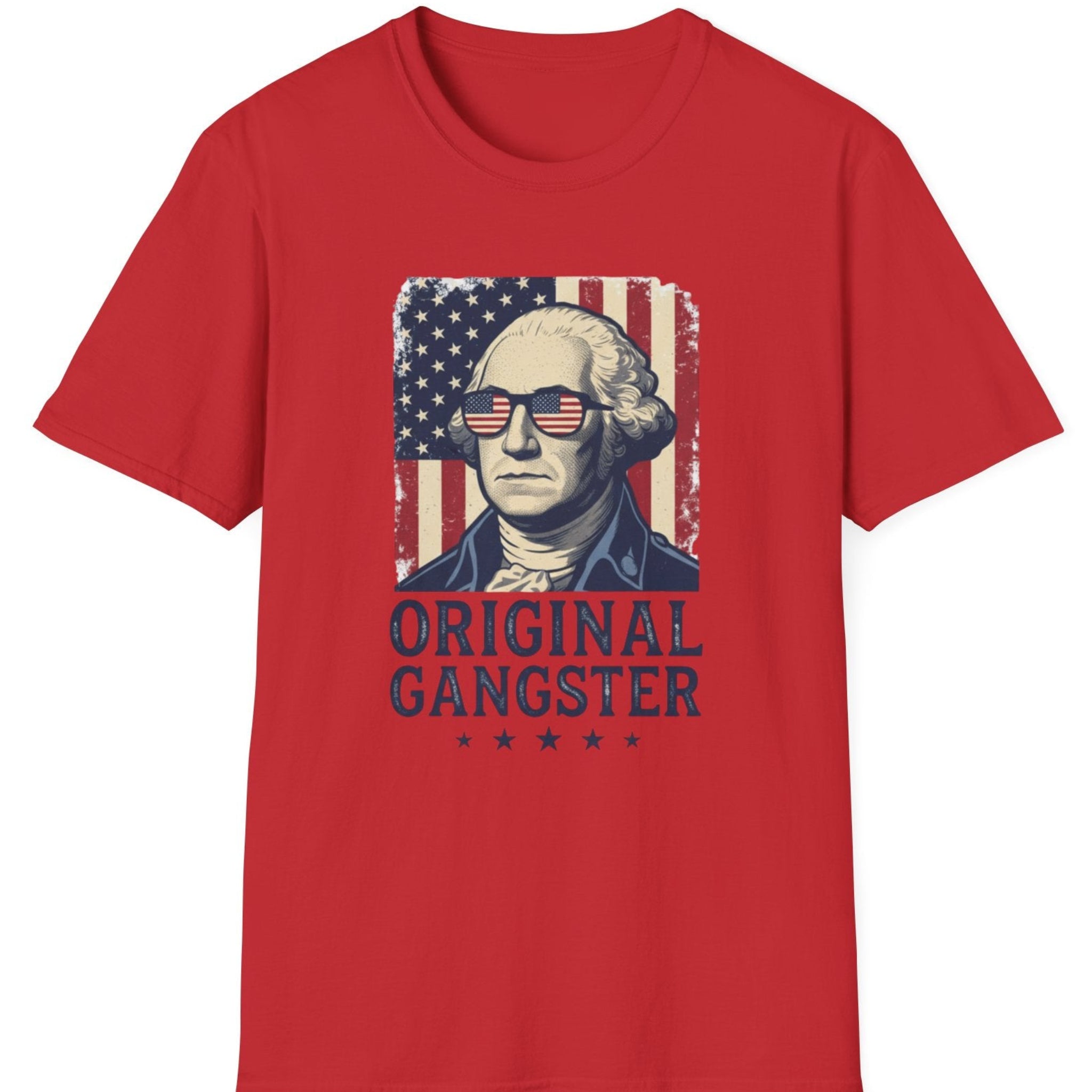 Red t-shirt with a graphic of a historical figure wearing sunglasses and the text 'Original Gangster' on a white background.
