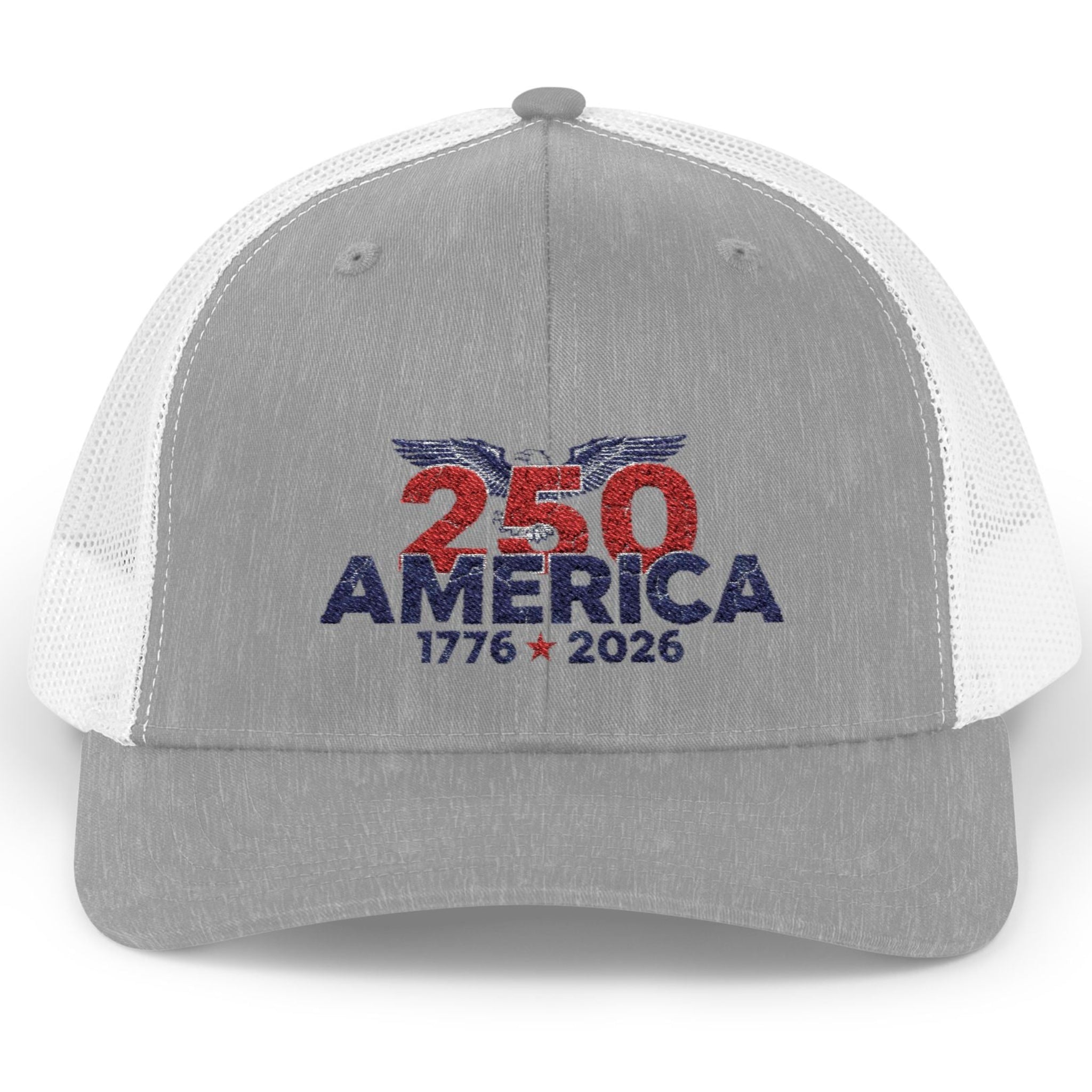 Gray and white cap with '250 America 1776-2026' text on a white background
