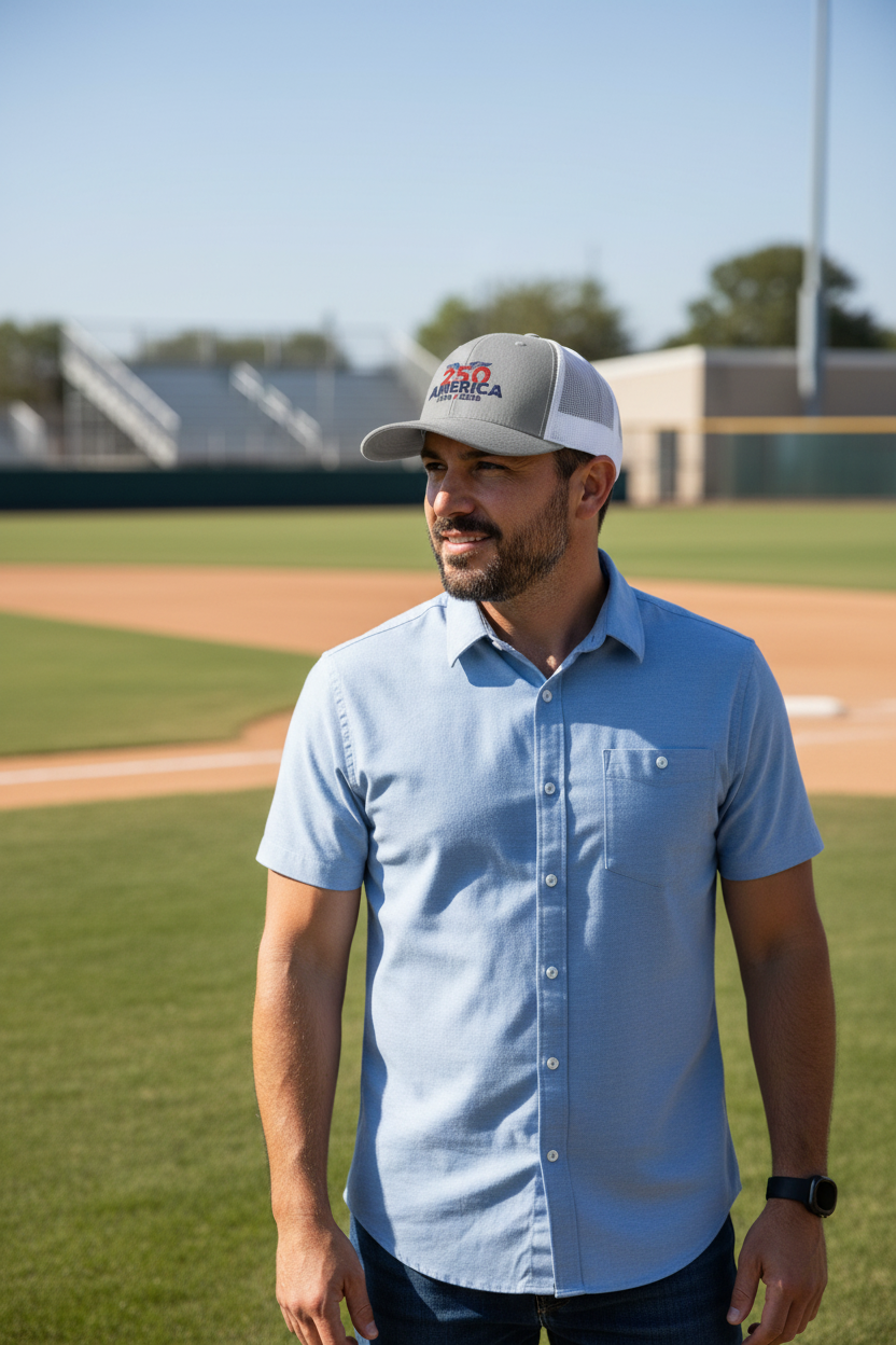 250 America Trucker Hat - Man at Baseball Field