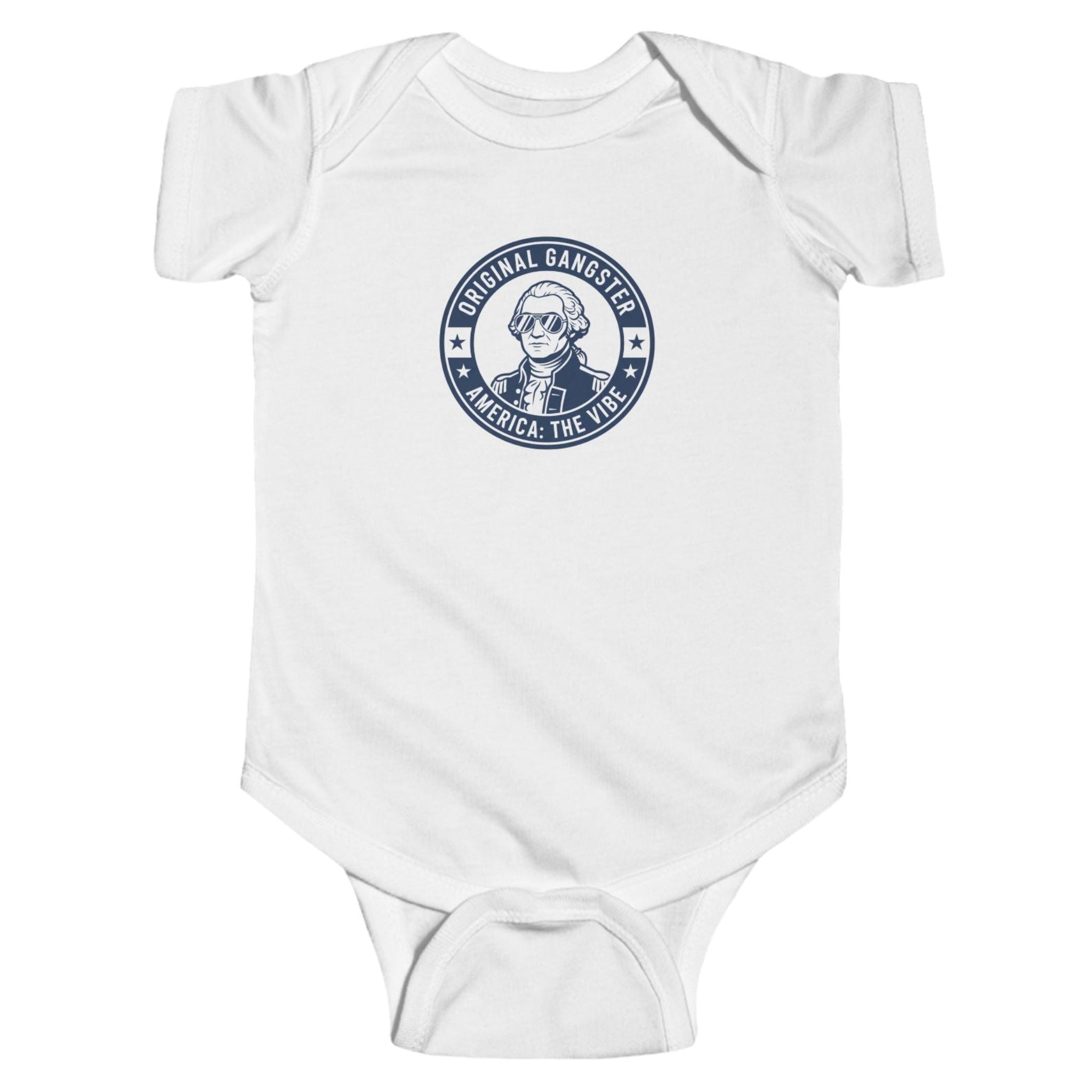 White baby onesie with a blue graphic on a white background