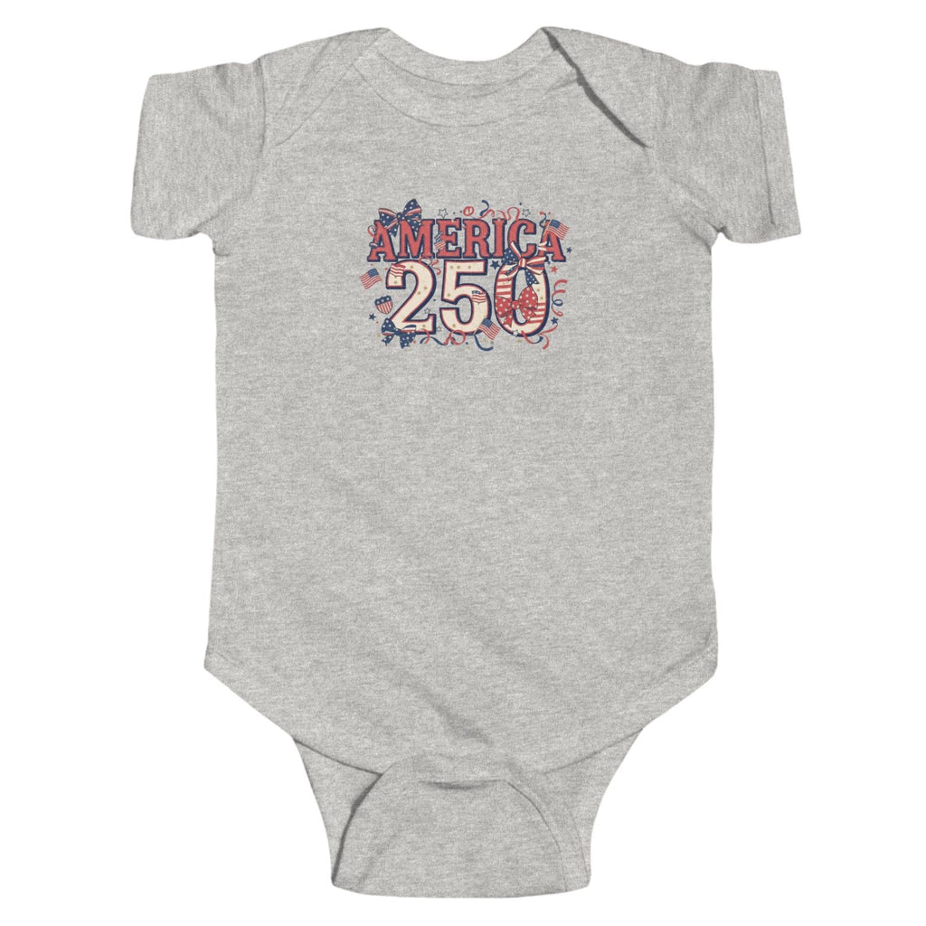 Gray baby onesie with 'America 250' print on a white background