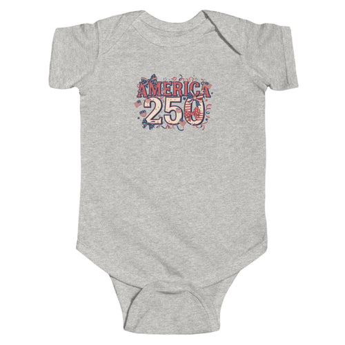 Gray baby onesie with 'America 250' print on a white background