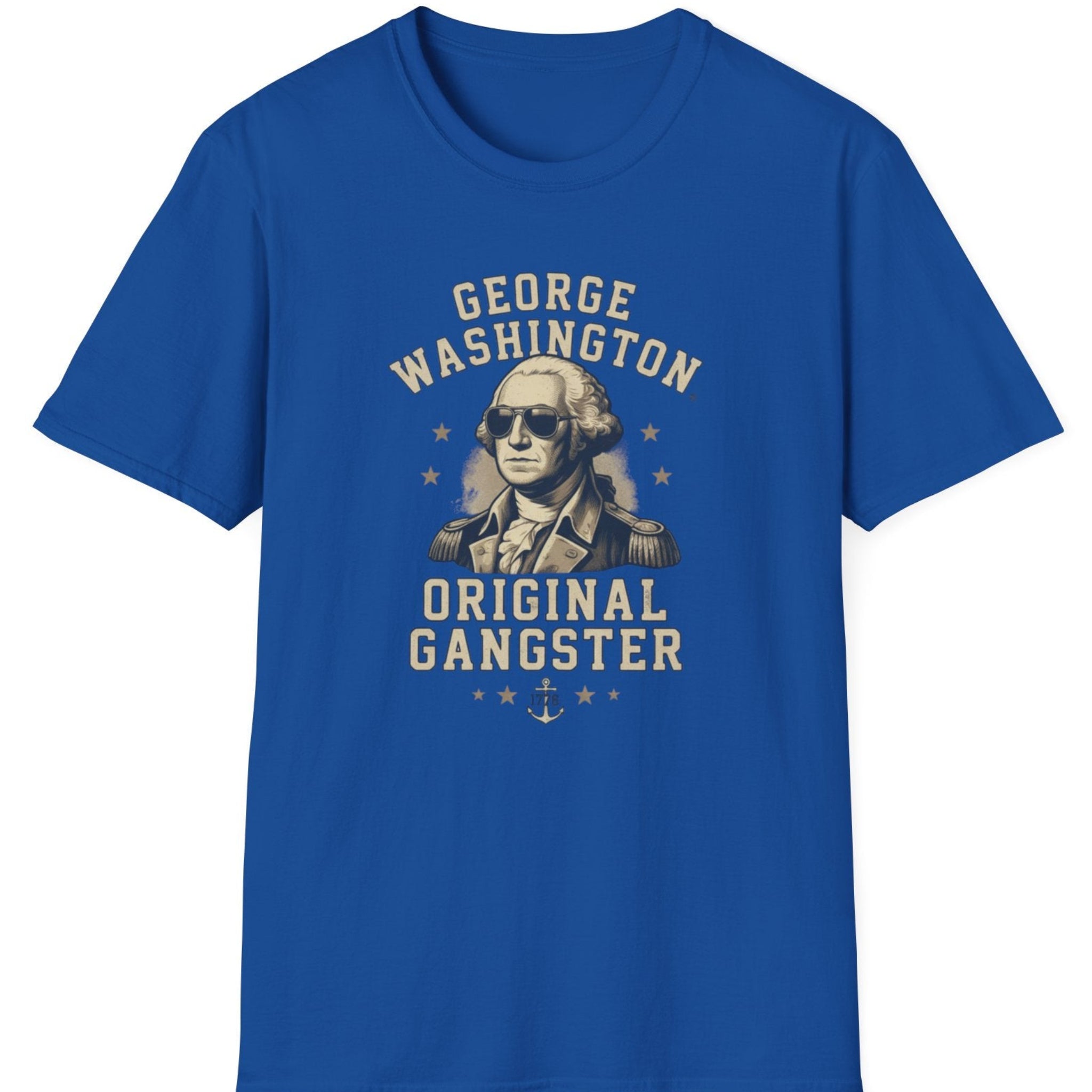 Blue t-shirt with George Washington graphic and 'Original Gangster' text on a white background