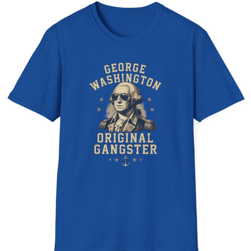 Blue t-shirt with George Washington graphic and 'Original Gangster' text on a white background