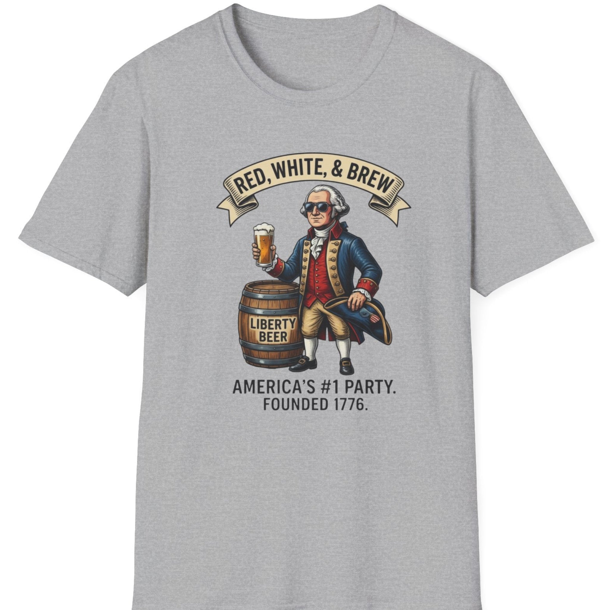 Gray t-shirt with graphic of a man holding a beer mug and a barrel, with text 'Red, White, & Brew' and 'Liberty Beer'.