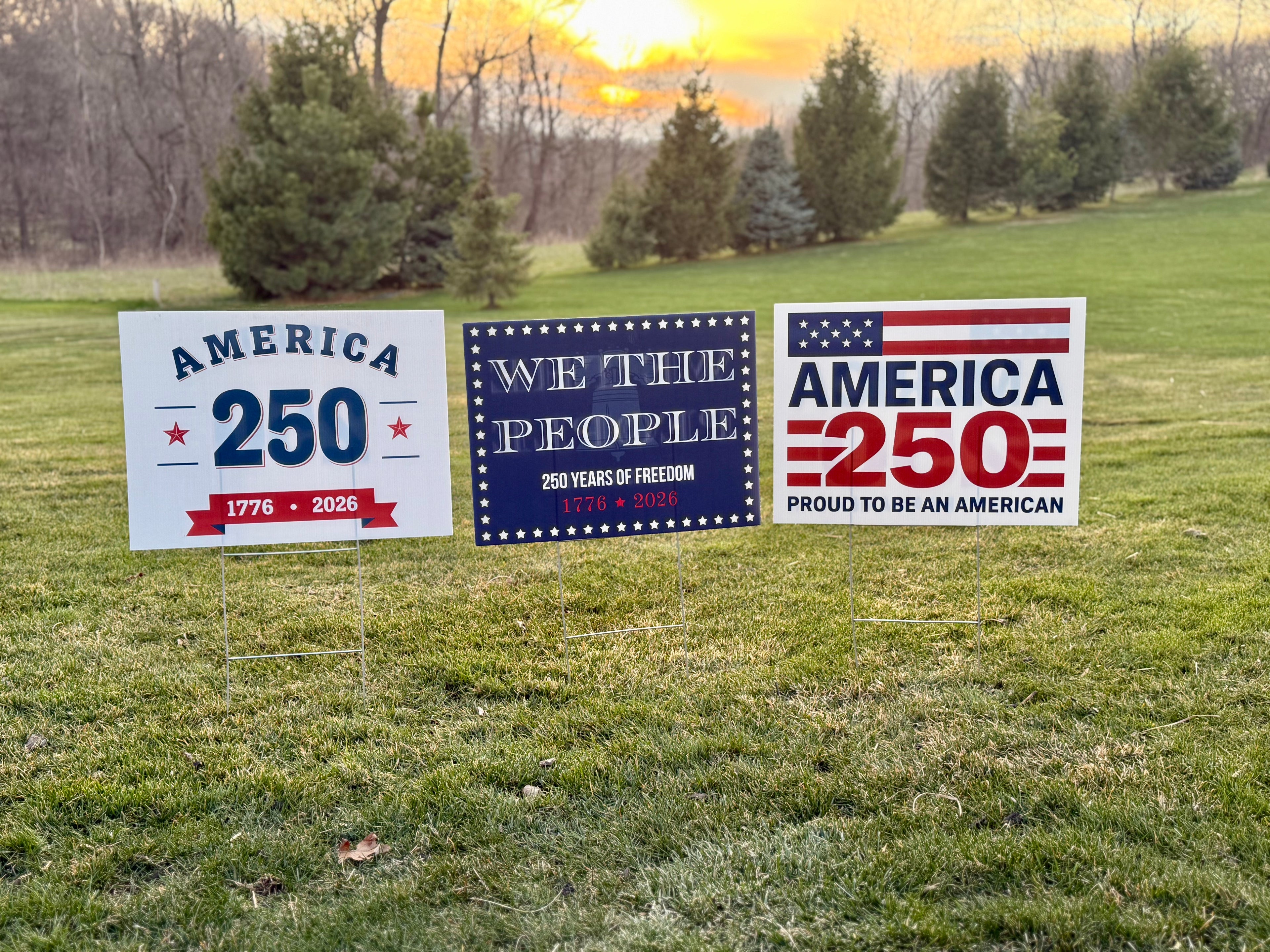 America 250 Yard Sign, We The People Yard Sign, Proud to Be American Yard Sign  all in the grass together.