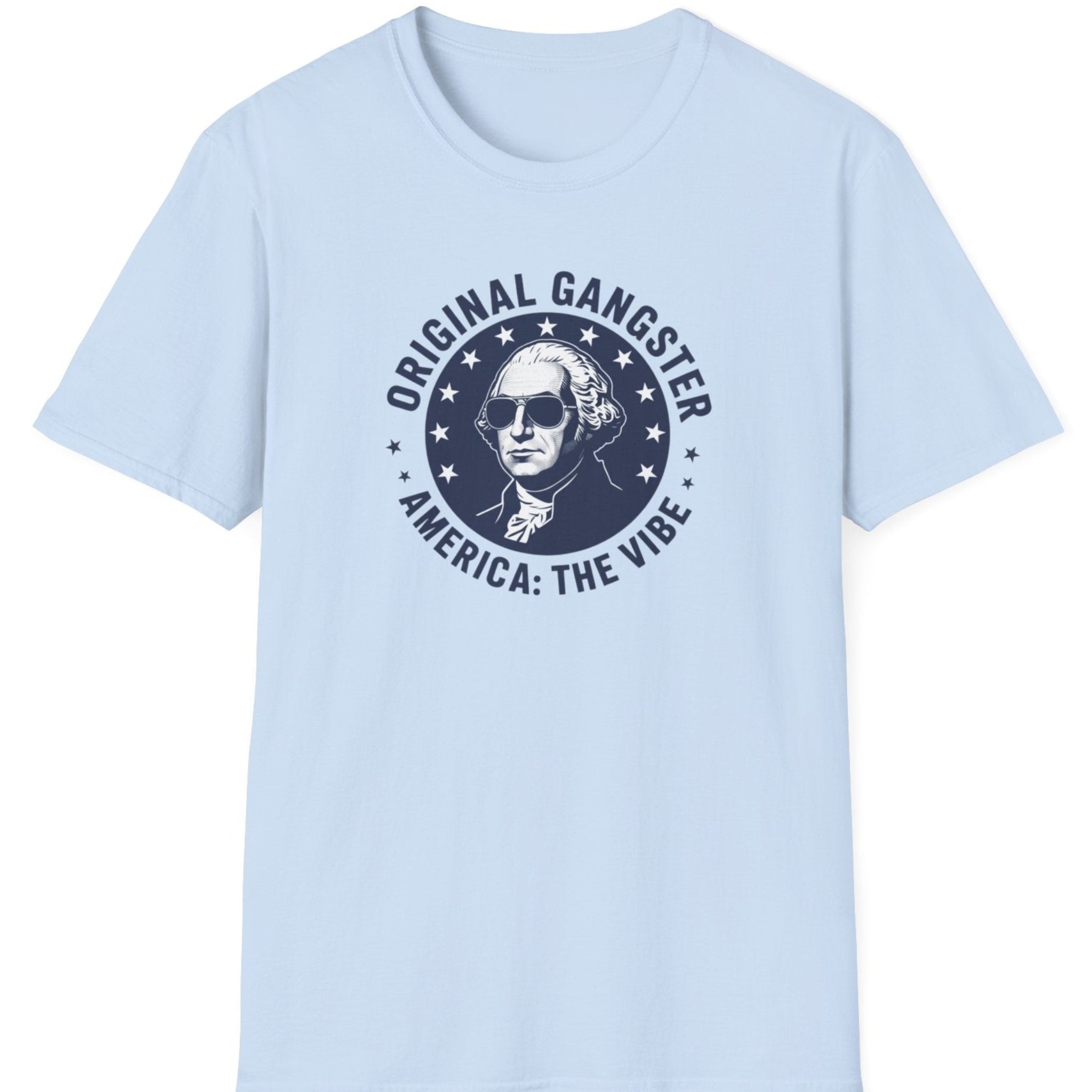 Light blue t-shirt with graphic design and text on a white background