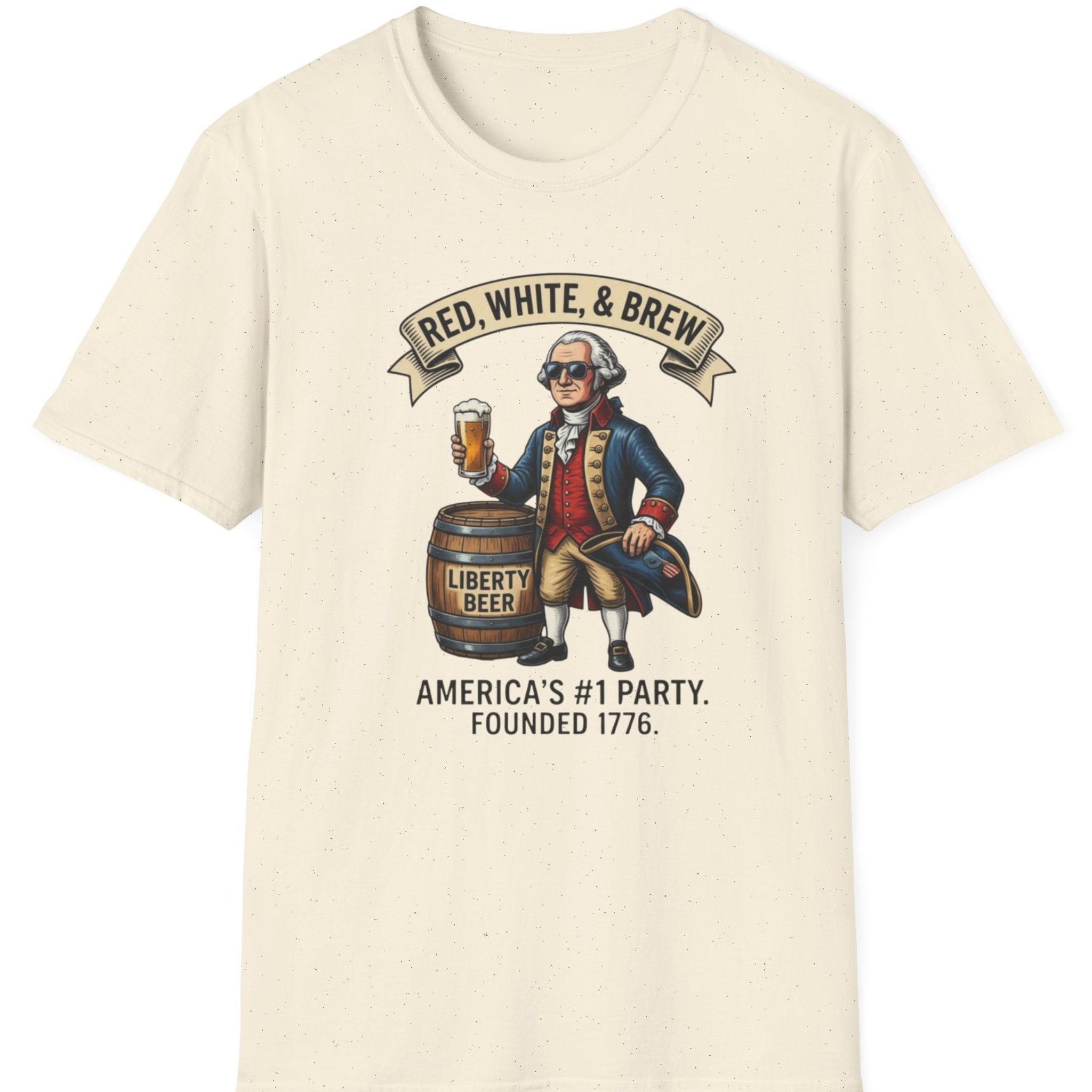 Beige t-shirt with graphic of a man holding a beer mug and barrel, text 'Red, White, & Brew' on a white background.