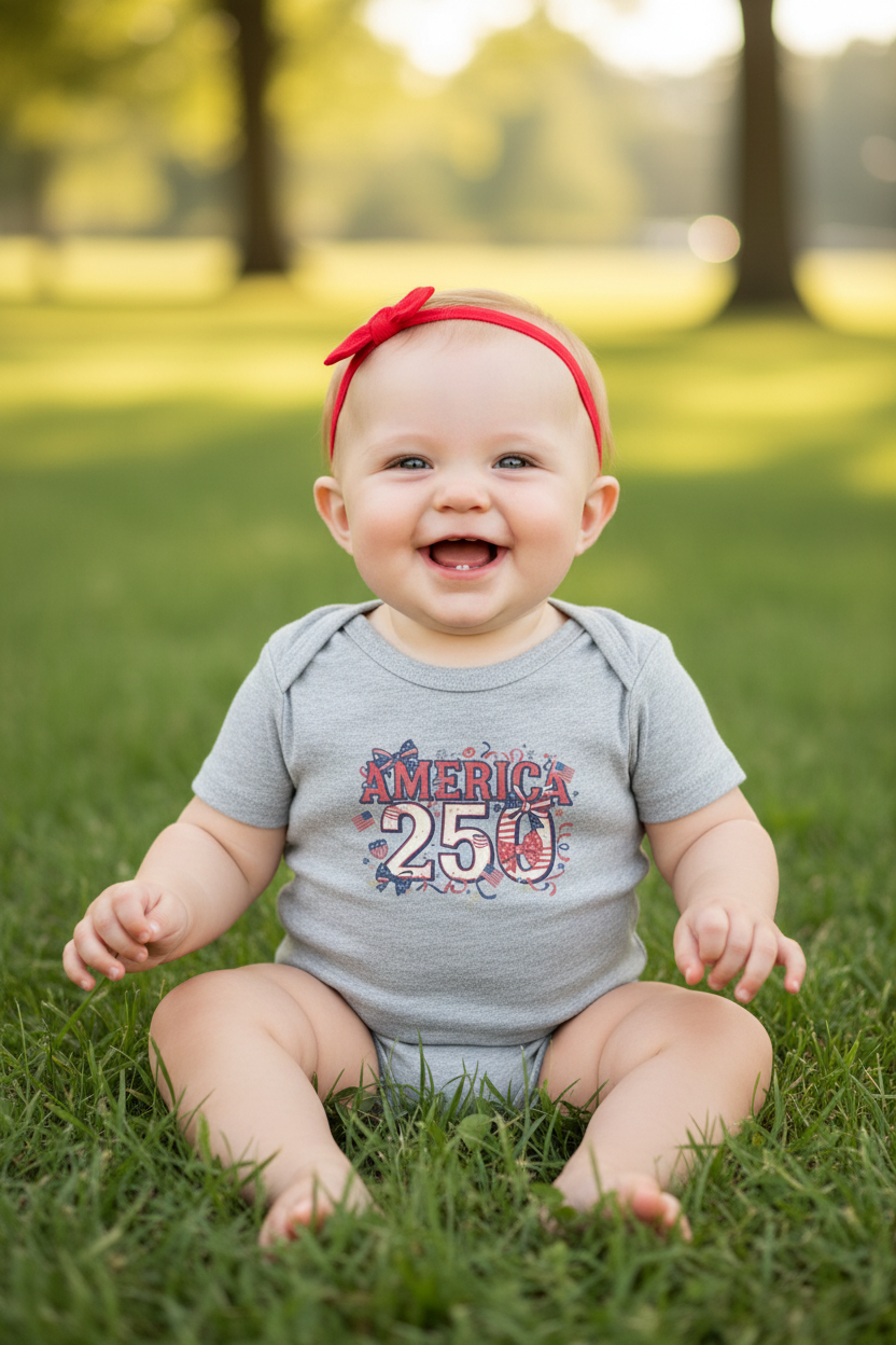 America 250 Baby Girl One piece with baby Sitting in Grass