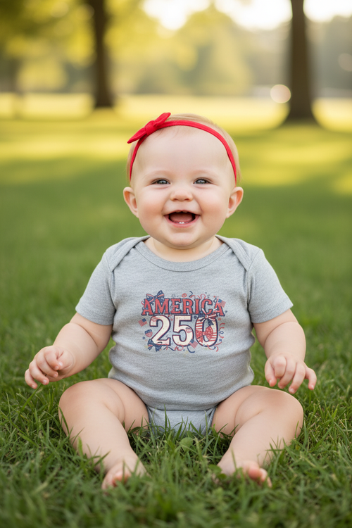 America 250 Baby Girl One piece with baby Sitting in Grass