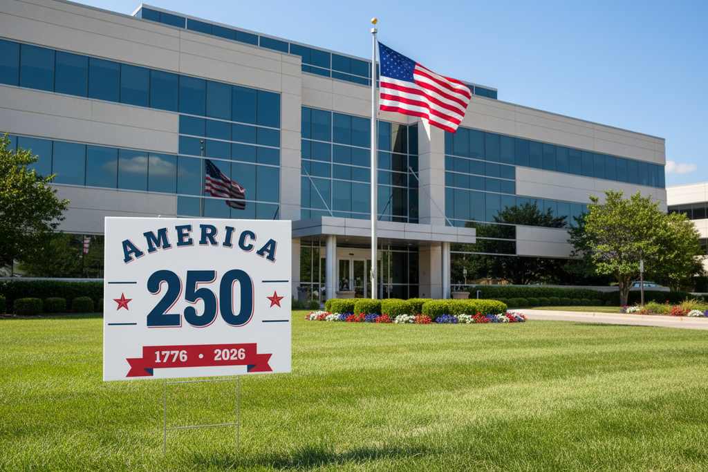 America 250 Double-Sided Sign at Office Building