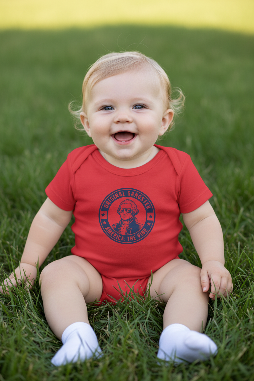 America The Vibe Red Onesie being worn by baby siting in the grass.