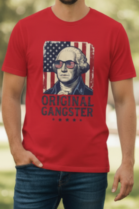 Man in red Original Gangster tee - repositioned