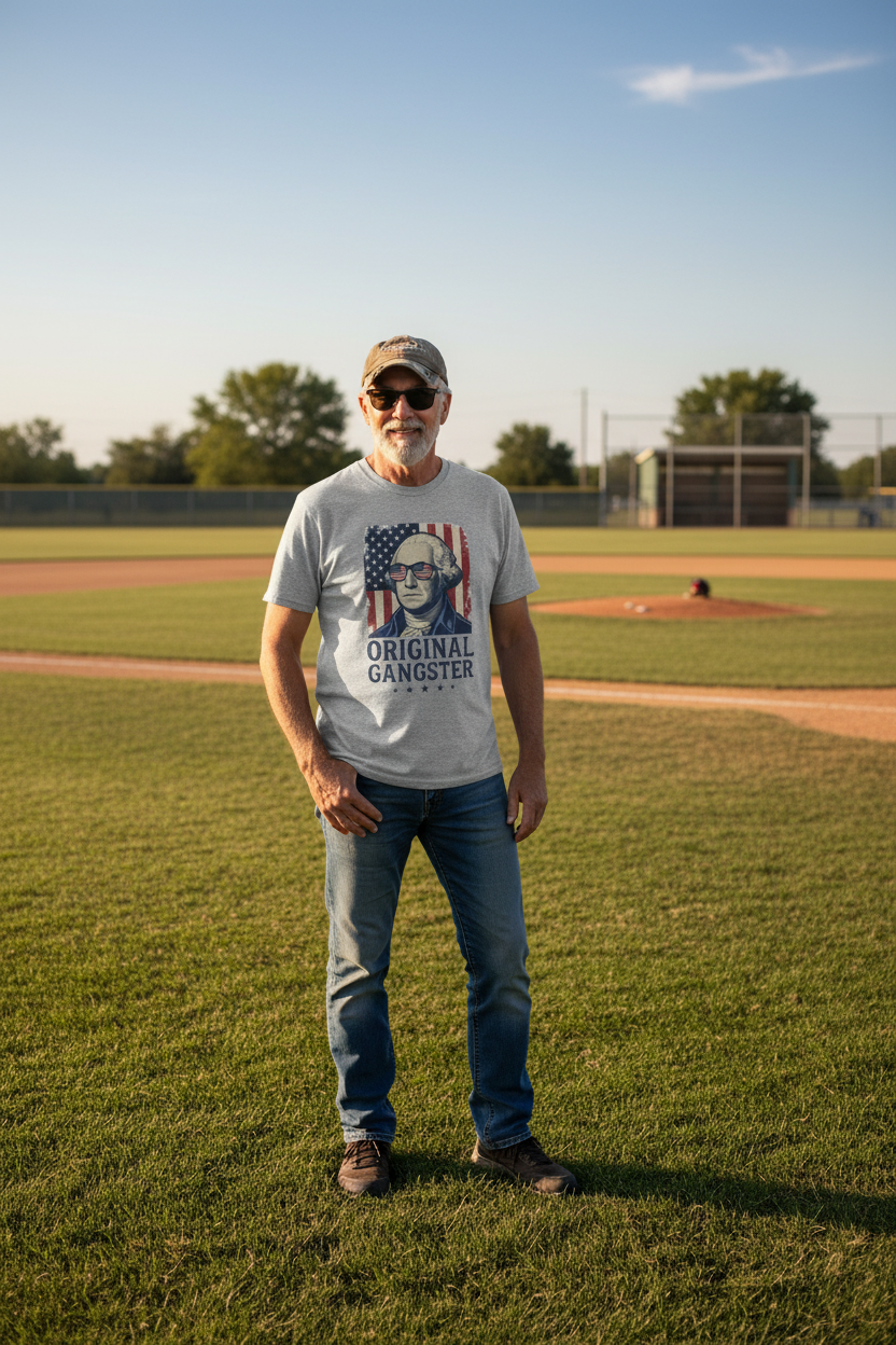 Old man at baseball field wearing Original Gangster tee