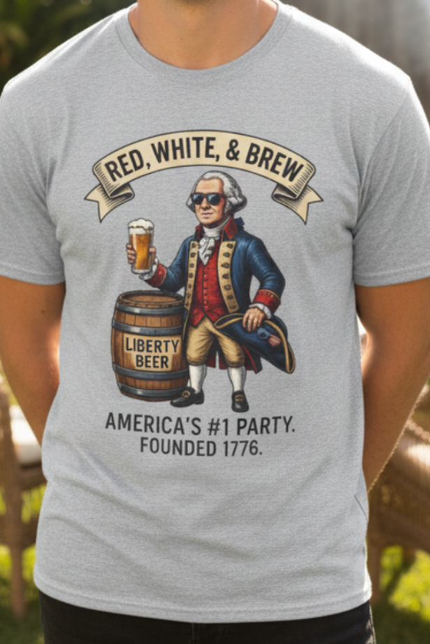 Red White & Brew Tee - Guy in Backyard No Beer
